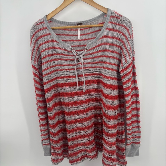 Free People Sweaters - Free People Women M Open Crochet Knit Judy Punk Orange Striped Lace Up Sweater